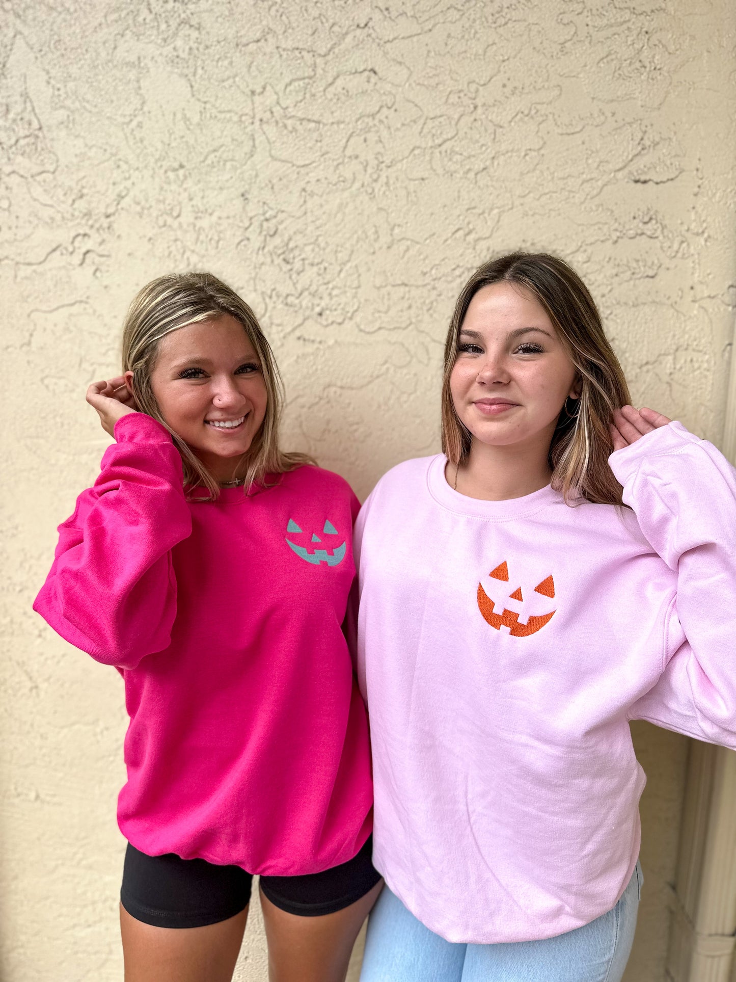 Embroidered Jack o Lantern Pumpkin Pocket Crewneck Sweatshirt