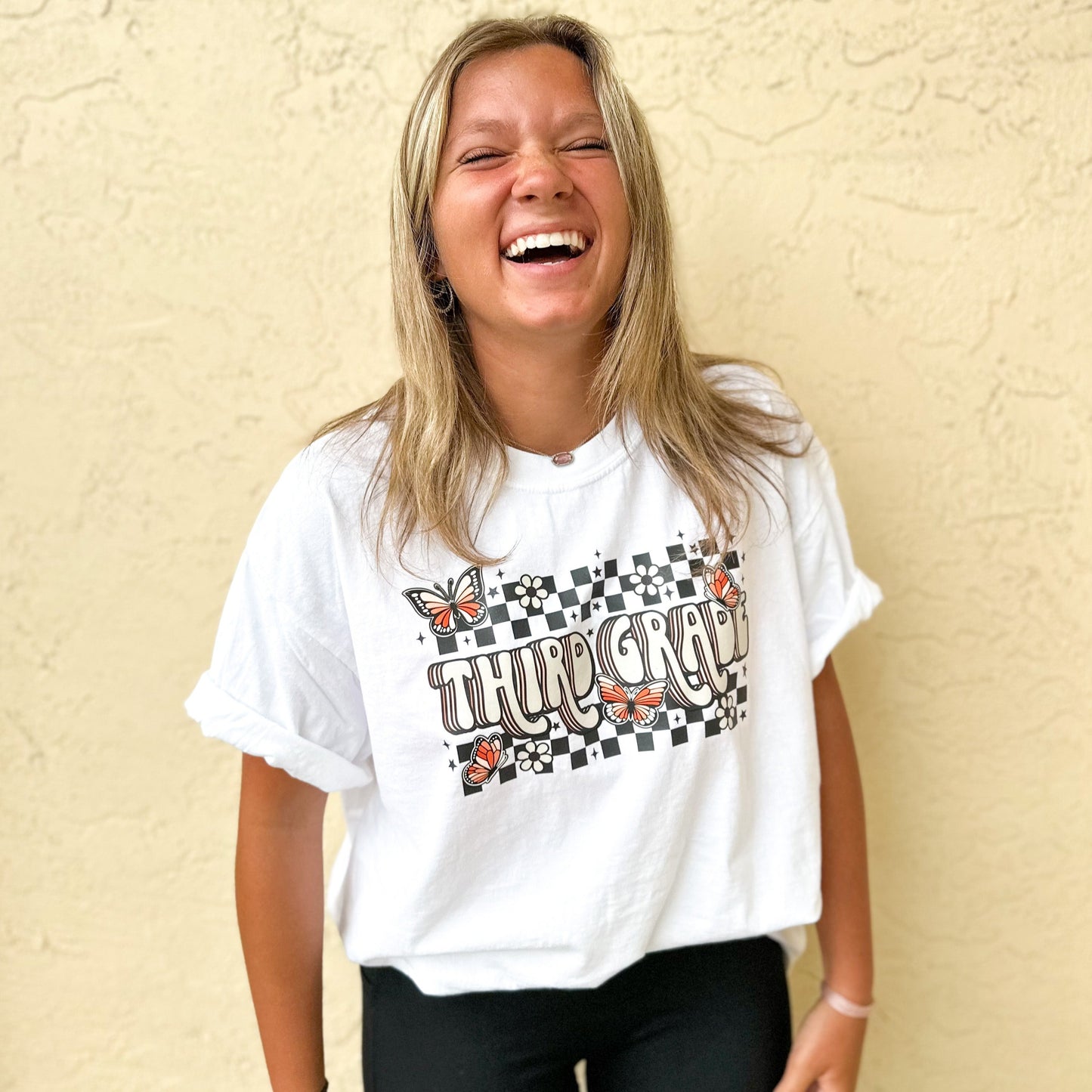 Checker Butterfly School Grade Teacher Tee Shirt