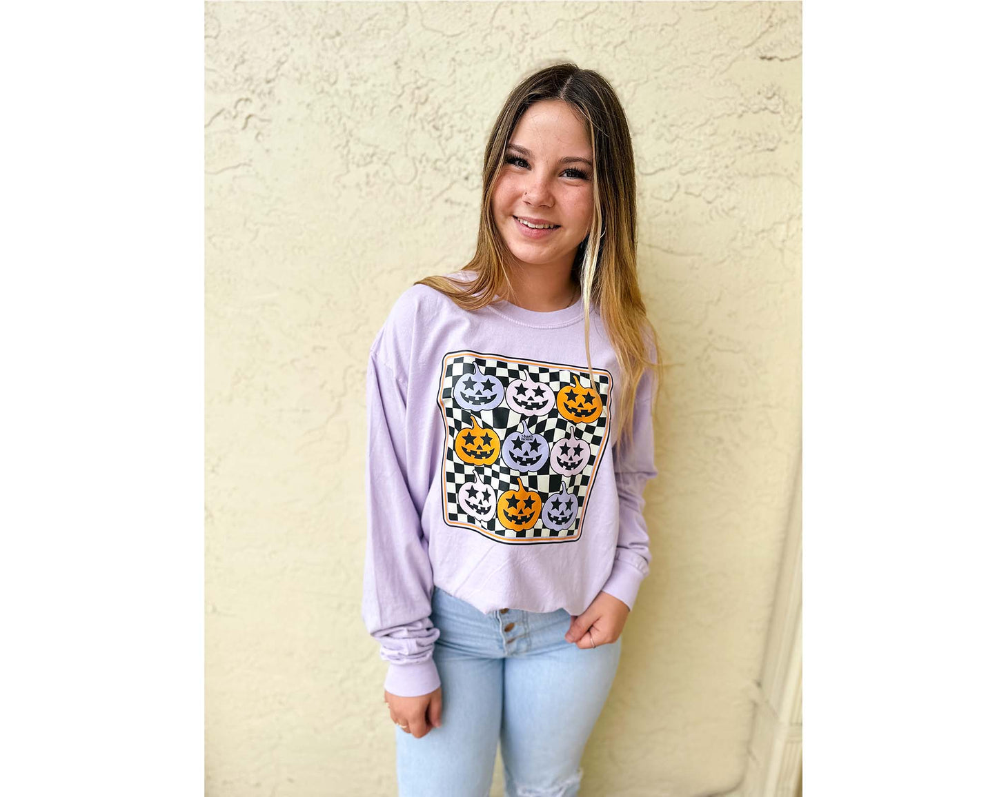 Fall Graphic Tee with Pumpkin Checker
